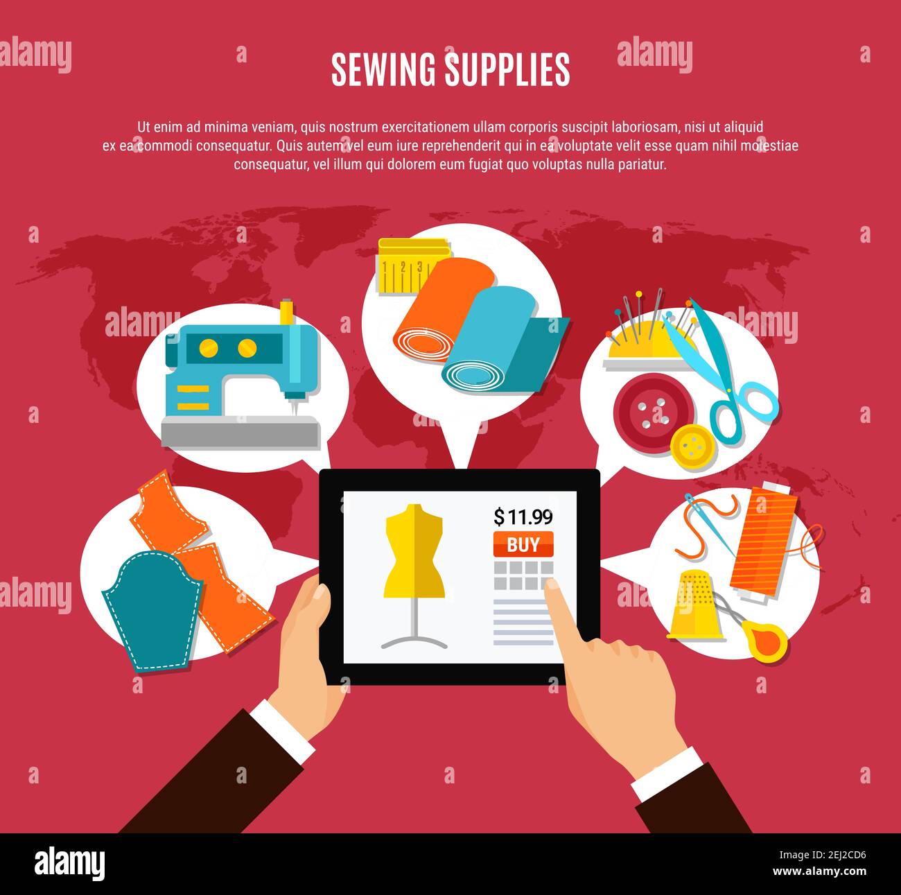 Sewing supplies concept with cloth sewing machine and scissors flat