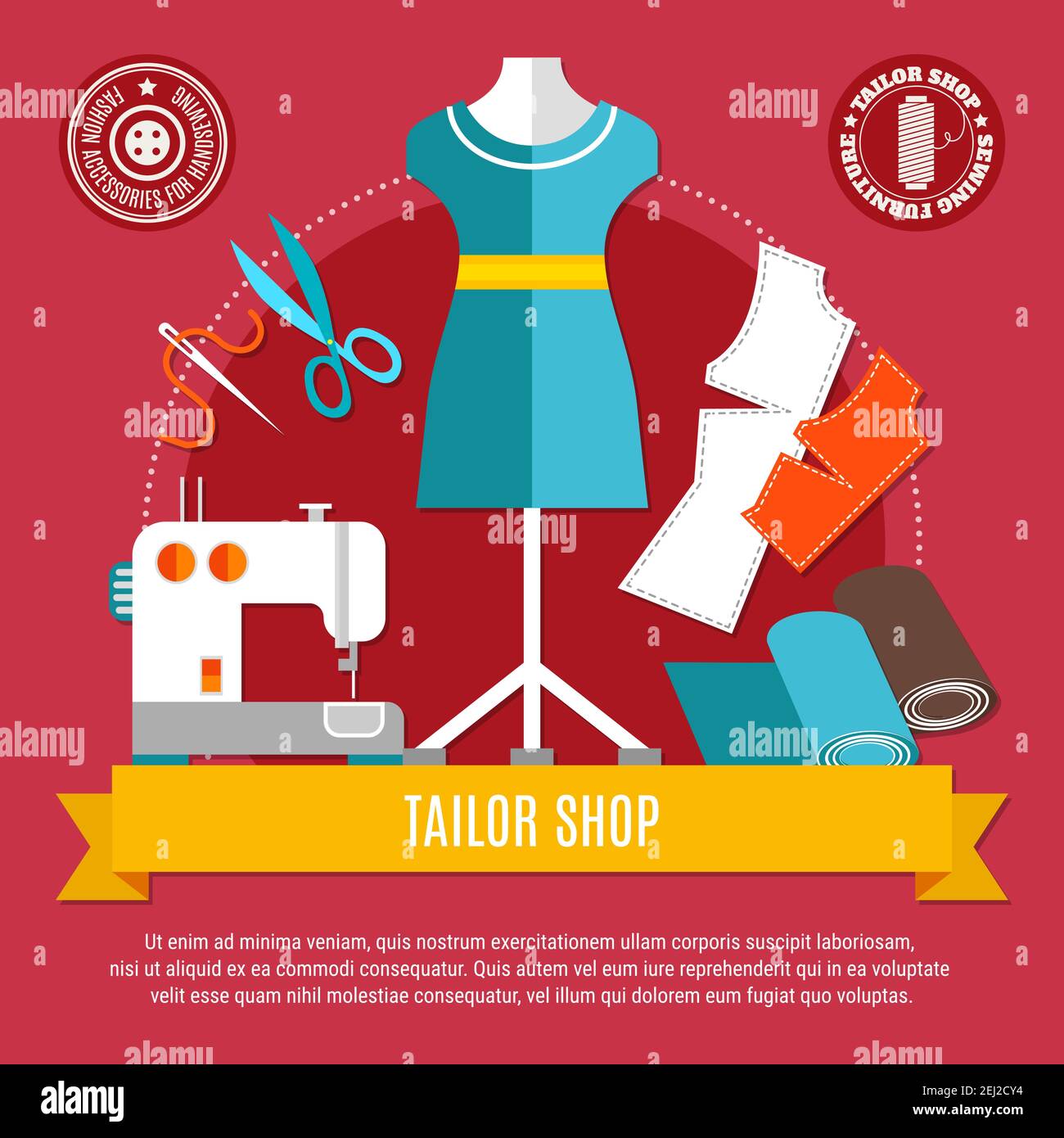 Tailor shop concept with mannequin sewing machine and cloth flat vector ...