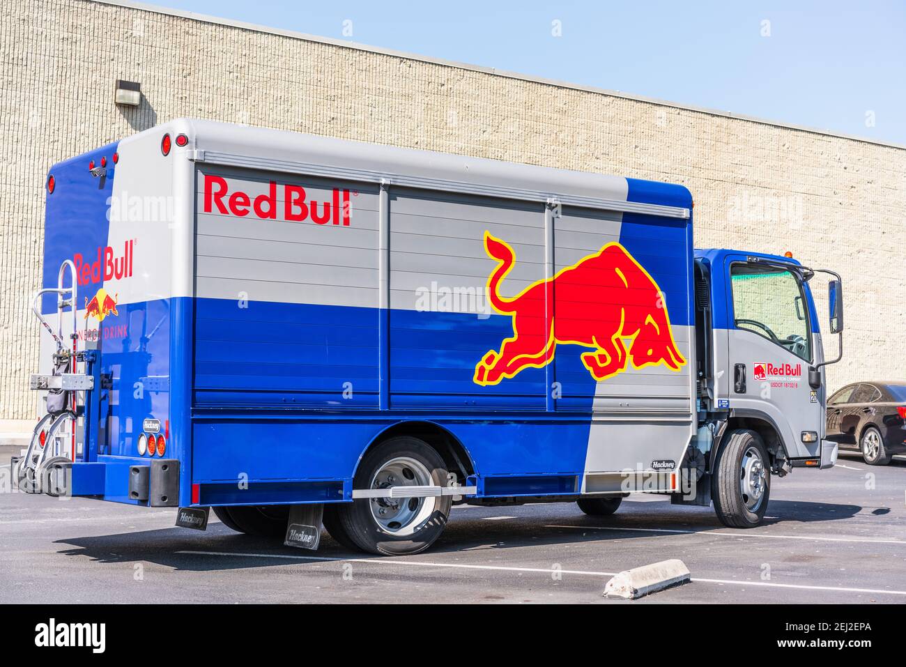 Oct 5, 2020 Sunnyvale / CA / USA - Red Bull truck making deliveries in South San Francisco Bay Area; Stock Photo