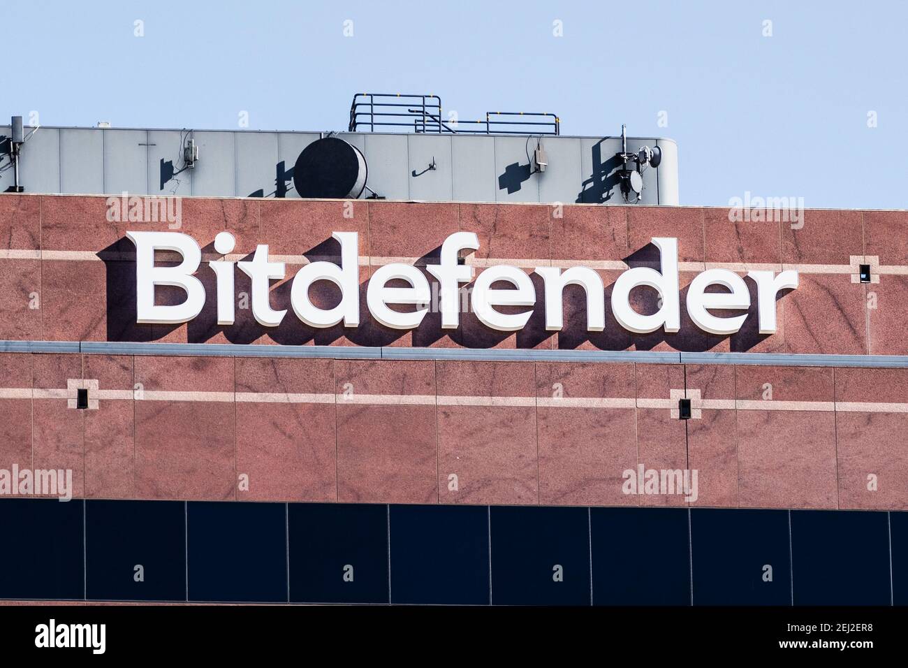 Nov 27, 2020 Santa Clara / CA / USA - Bitdefender logo at their headquarters in Silicon Valley; Bitdefender SRL is a Romanian cybersecurity technology Stock Photo
