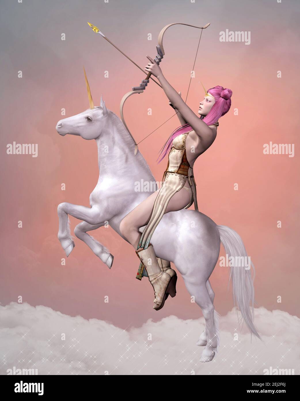 Knight with a bow riding a white unicorn on a pink background Stock Photo