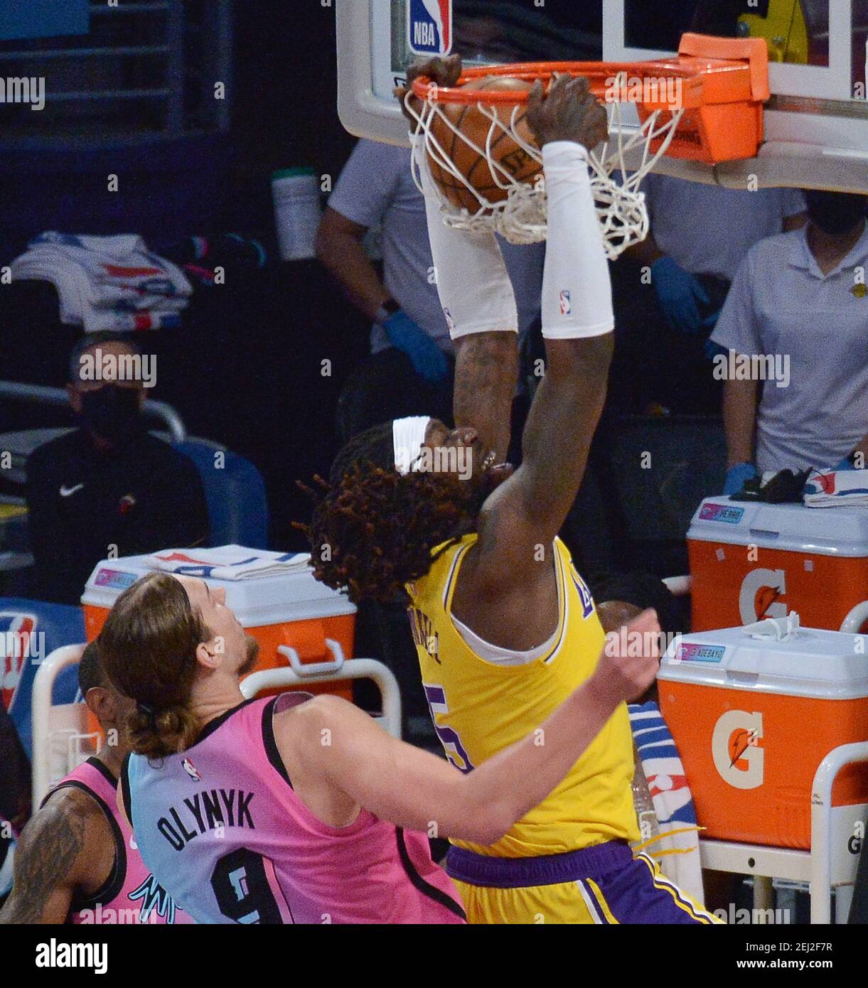 Los Angeles, United States. 20th Feb, 2021. Los Angeles Lakers' center Montreal Harrell scores on Miami Heat center Kelly Olynyk during the second half at Staples Center in Los Angeles on Saturday, February 20, 2021. The Heat defeated the Lakers 96-94. Photo by Jim Ruymen/UPI Credit: UPI/Alamy Live News Stock Photo