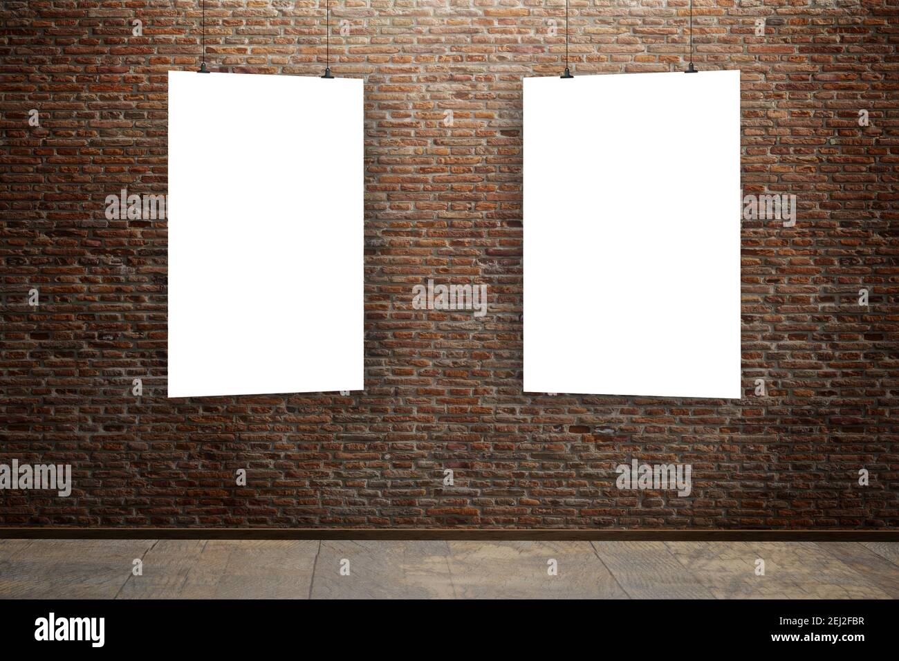 A stone brick wall background with two blank posters as a copy space Stock Photo