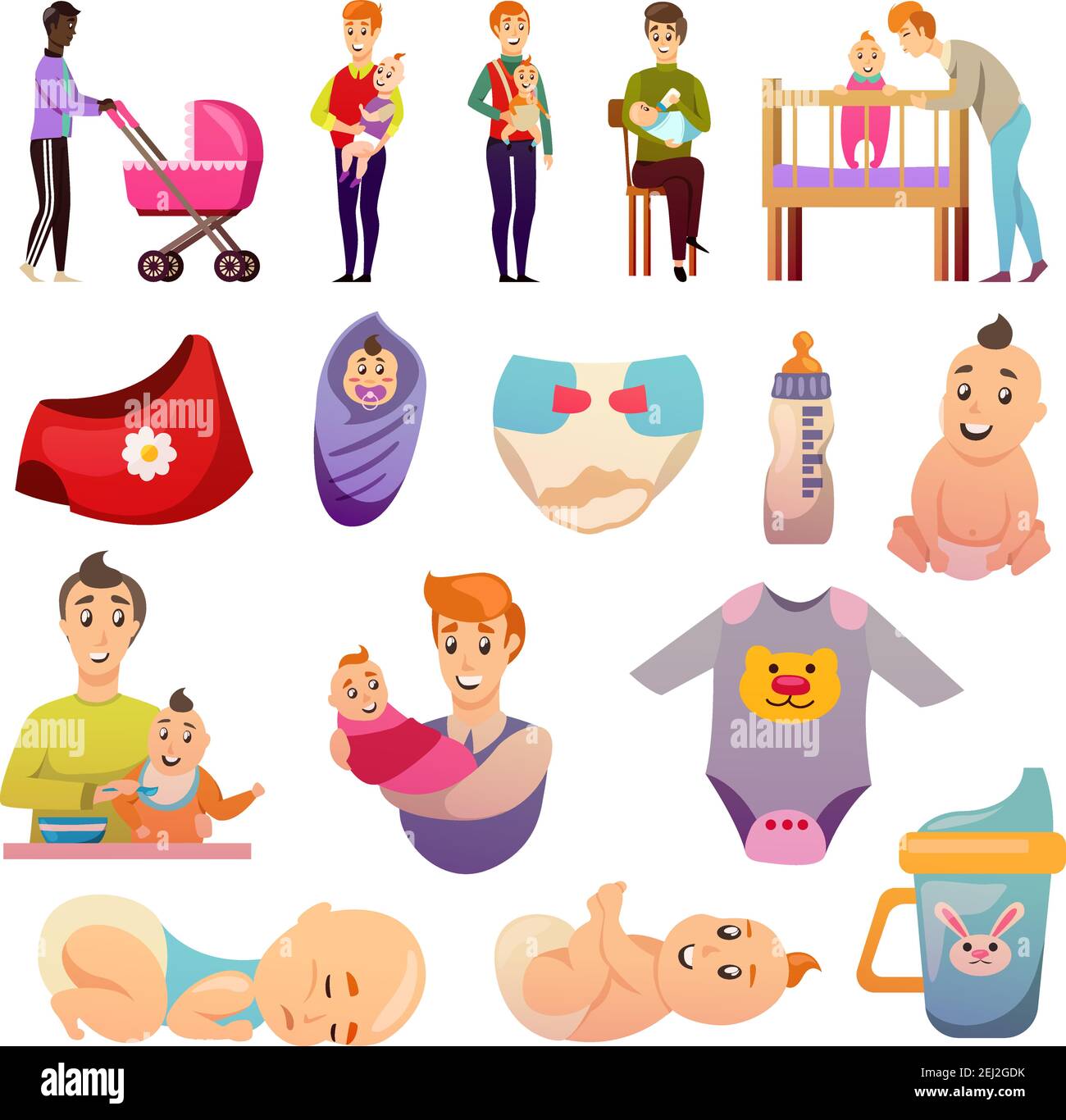 Fathers on parental leave orthogonal icons set with feeding carrying ...