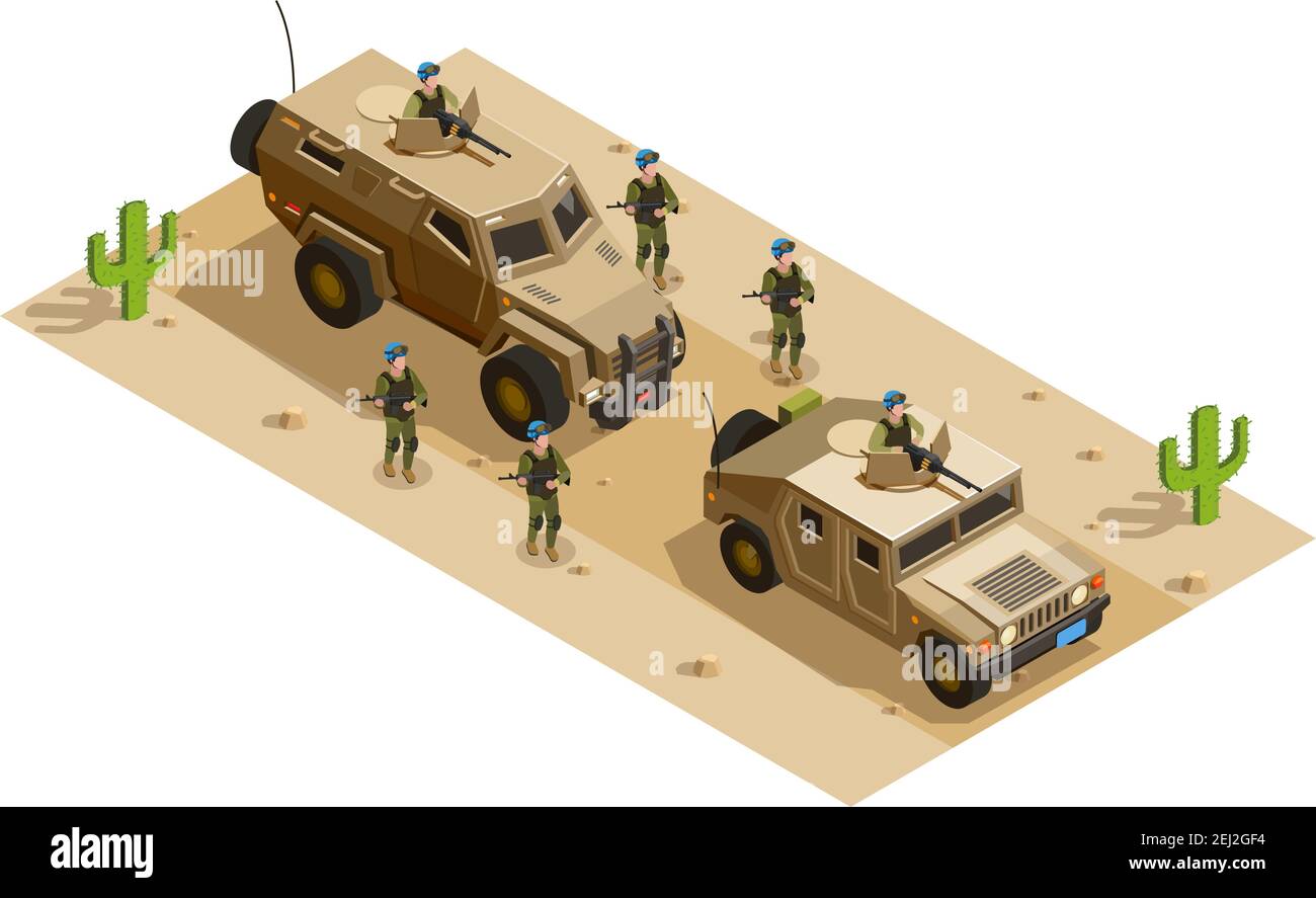 Army mechanized infantry in combat uniform operating in desert with armored vehicles isometric composition vector illustration Stock Vector