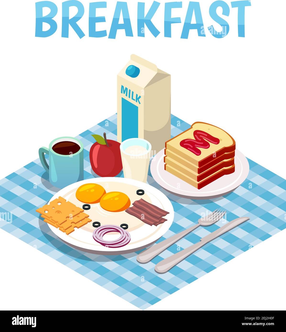 Breakfast isometric composition with fried eggs, milk, bread with jam, tea or coffee on table vector illustration Stock Vector