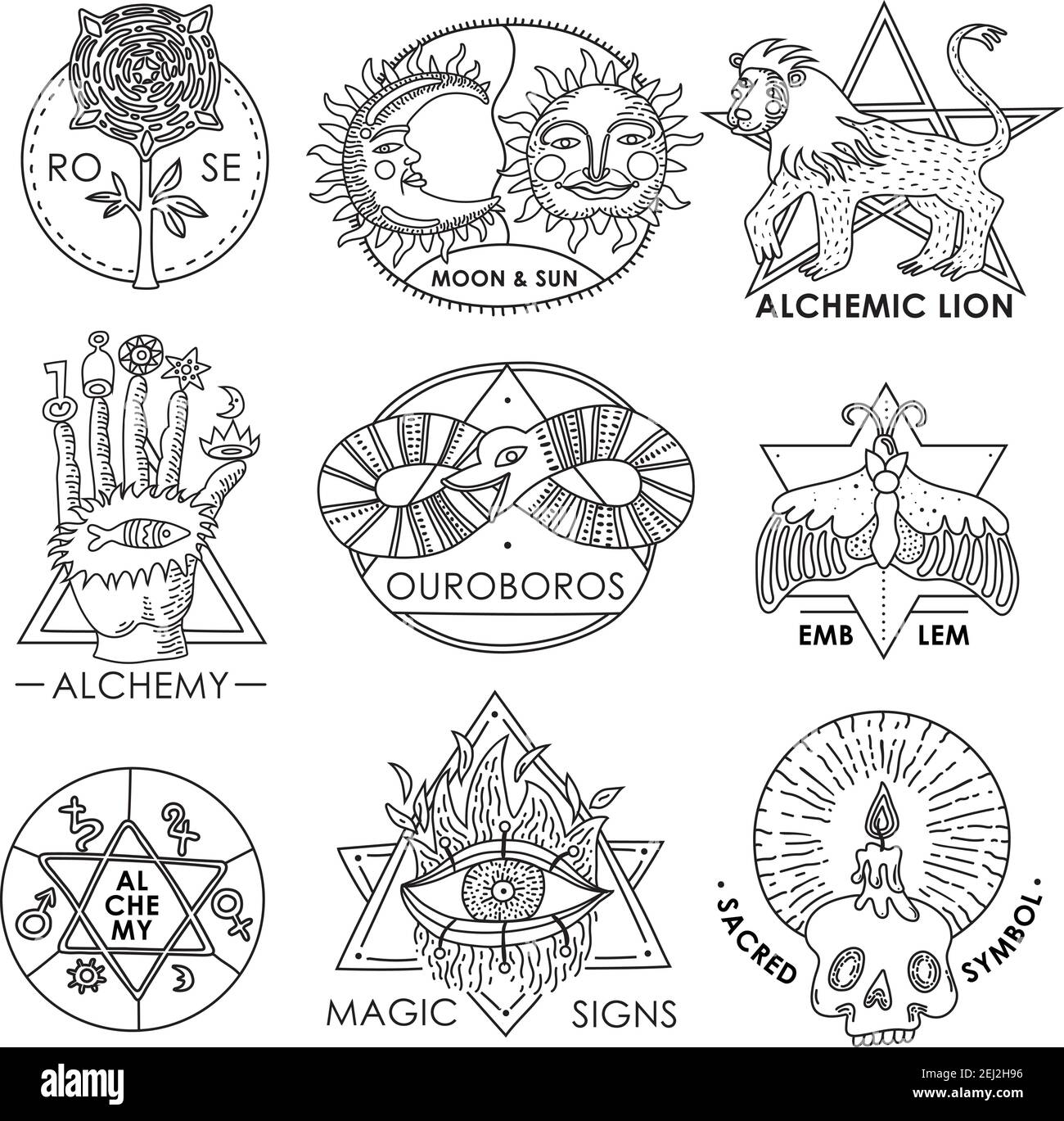 Magic emblems monochrome hand drawn set with sacred symbols alchemy signs ouroboros devouring its tail isolated vector illustration Stock Vector