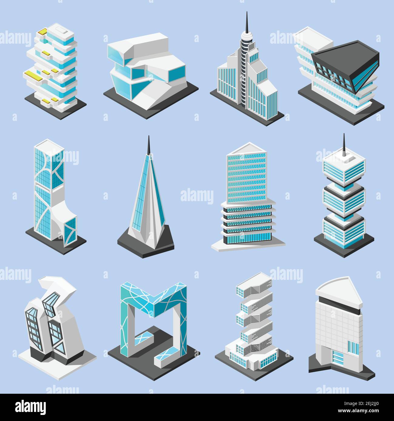 Isometric futuristic architecture set with isolated images of hi tech style modern buildings and skyscrapers vector illustration Stock Vector