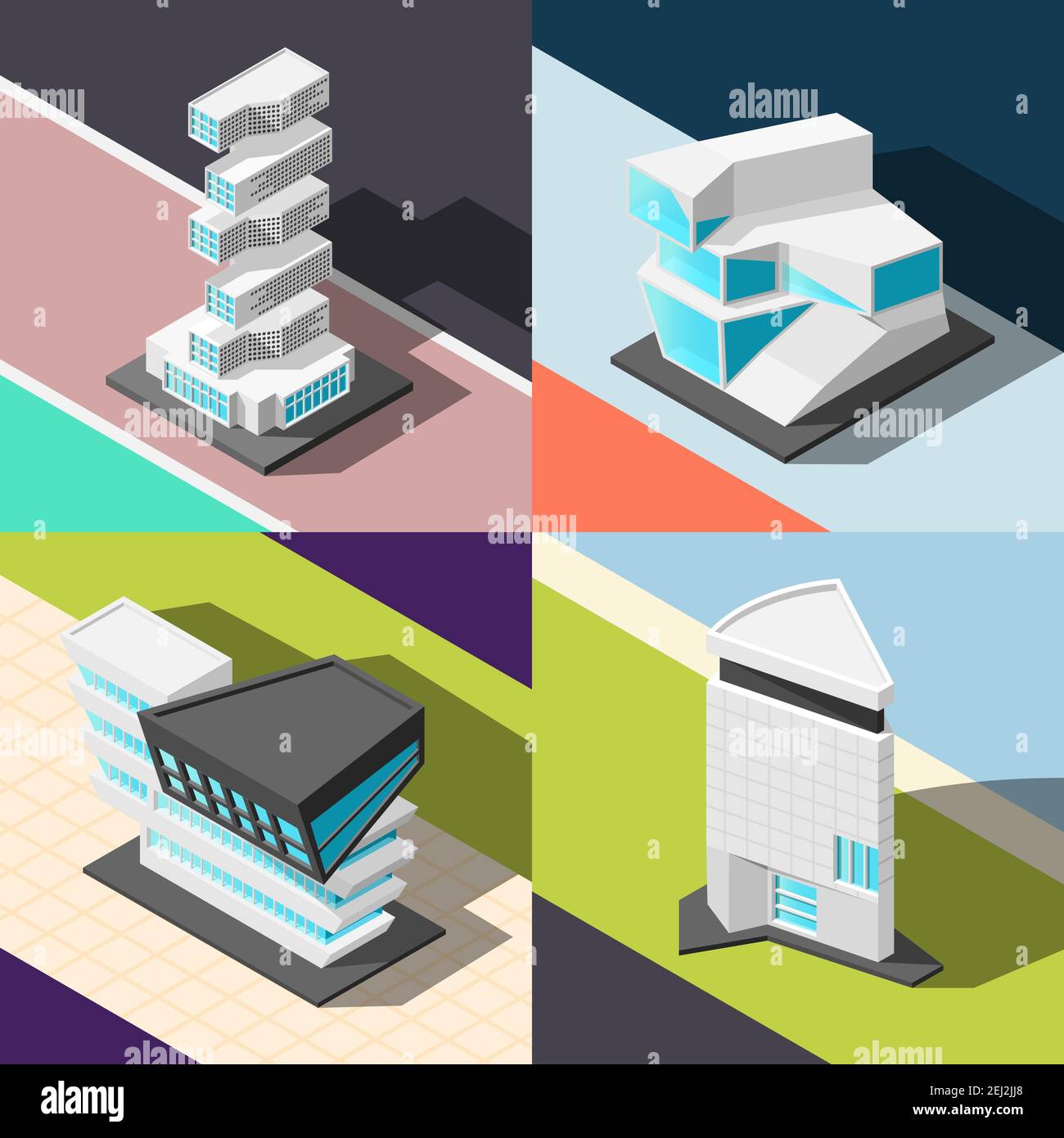 Futuristic architecture 2x2 design concept  with four square elements demonstrating abstract buildings of original and unusual design isometric vector Stock Vector