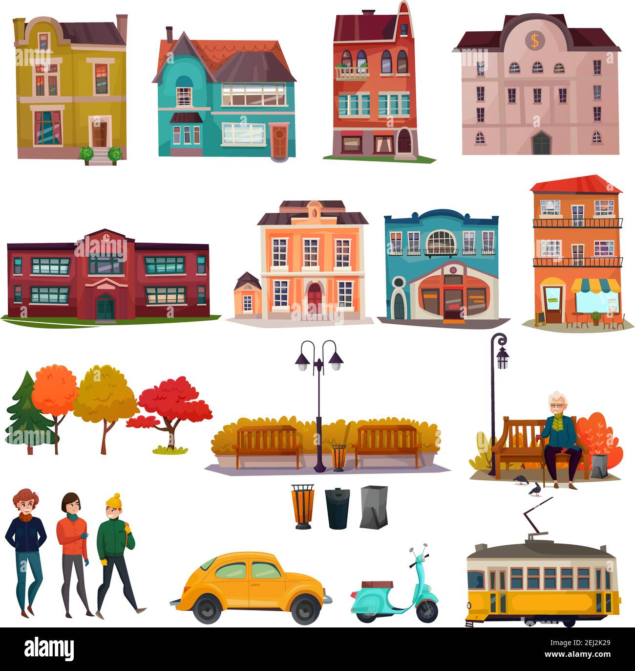 City environment isolated icons set of municipal buildings urban vehicles and park landscape elements cartoon vector Illustration Stock Vector