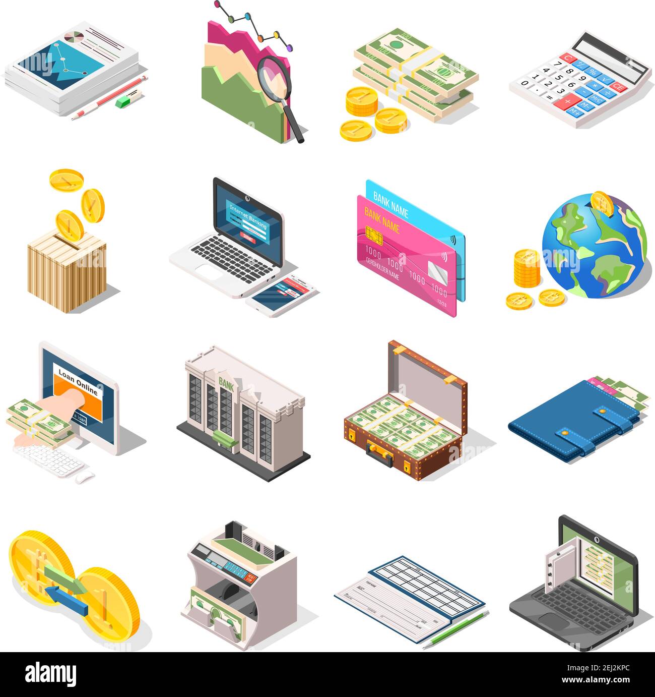 Accounting set of isometric icons with bank loan online money counter
