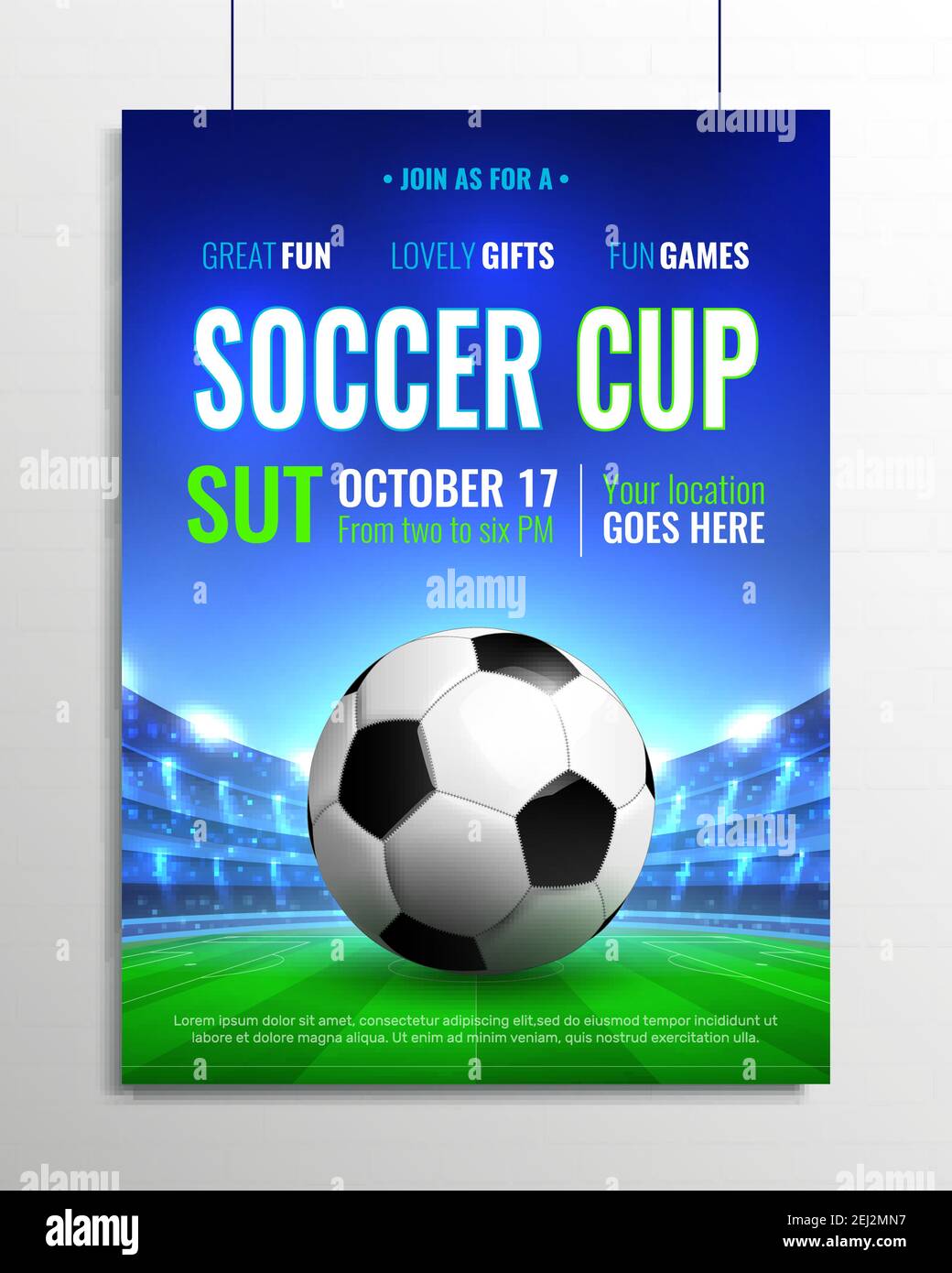 Soccer cup poster on grey brick wall with ball on green field, tribunes