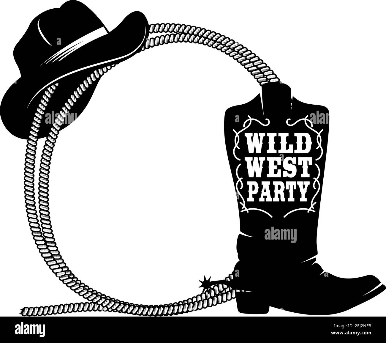 Frame from rope with cowboy boots and hat in engraving style. Design