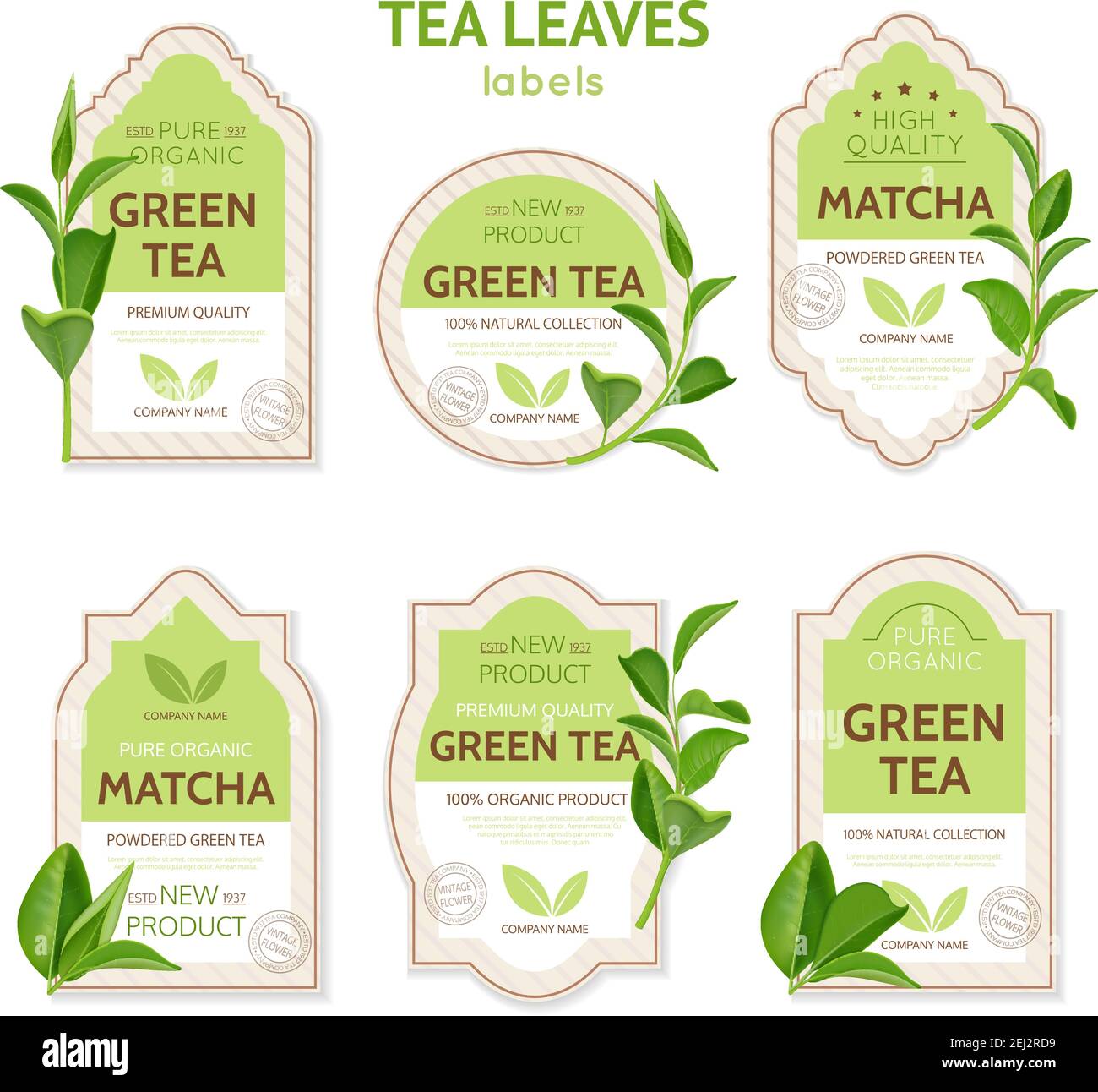 Set of labels of various shape with brand identity and realistic tea