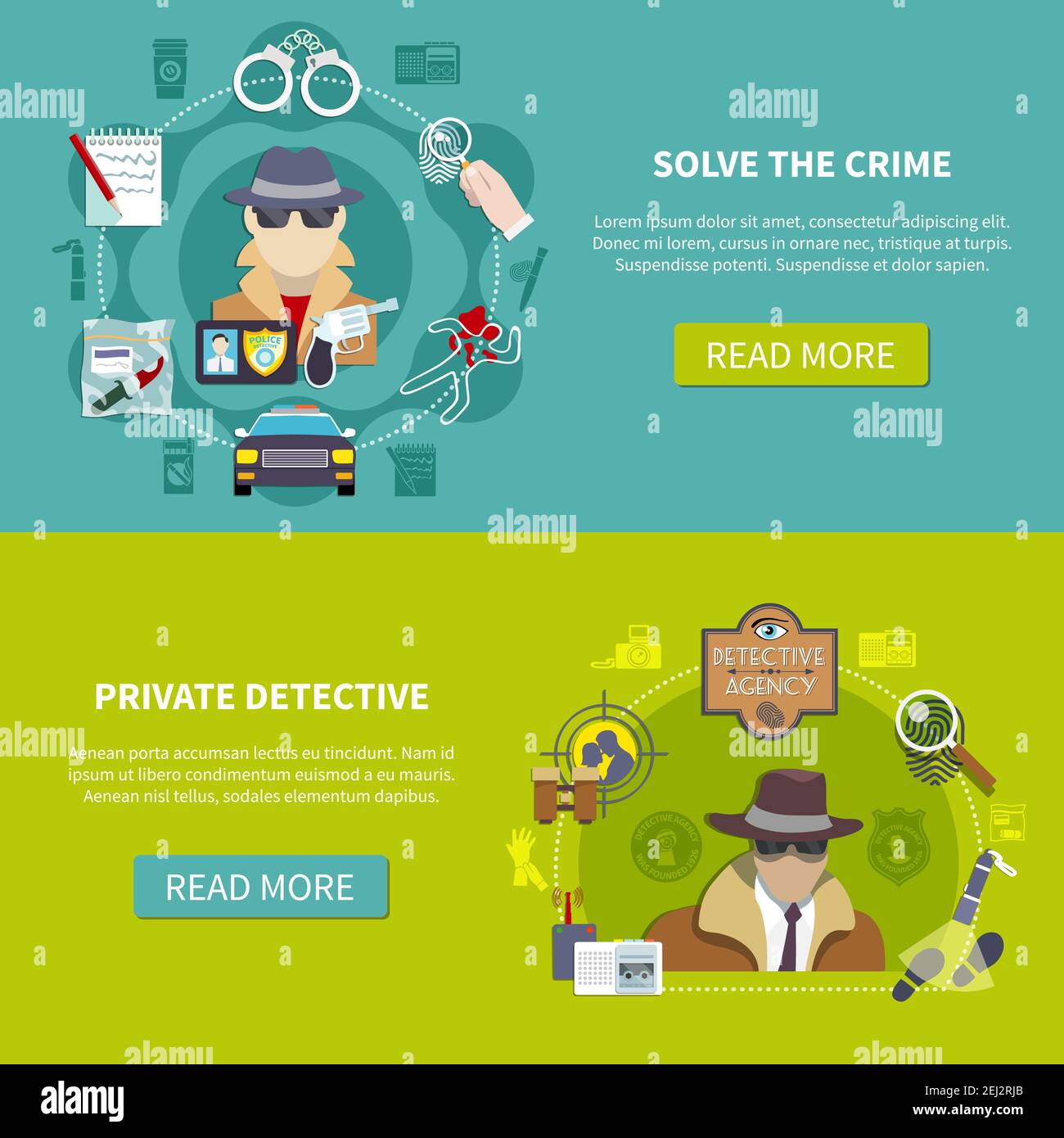 Two colored and flat detective banner set with solve the crime and