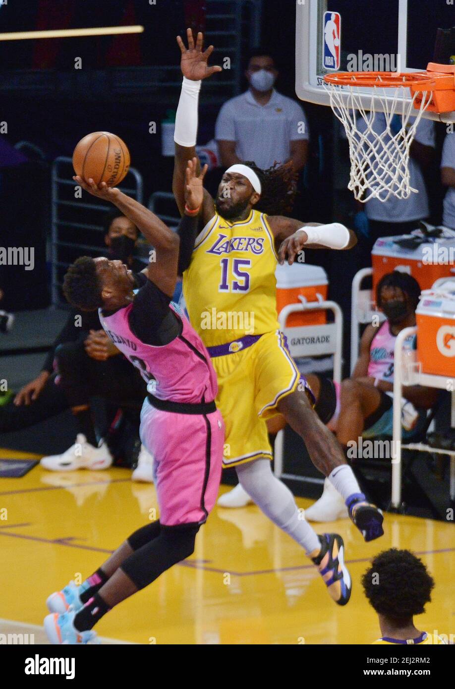 Los Angeles, United States. 20th Feb, 2021. Miami Heat center Bam Adebayo scores on Los Angeles Lakers' center Montrezl Harrell during the first half of the Lakers' 96-94 loss at Staples Center in Los Angeles on Saturday, February 20, 2021. Photo by Jim Ruymen/UPI Credit: UPI/Alamy Live News Stock Photo