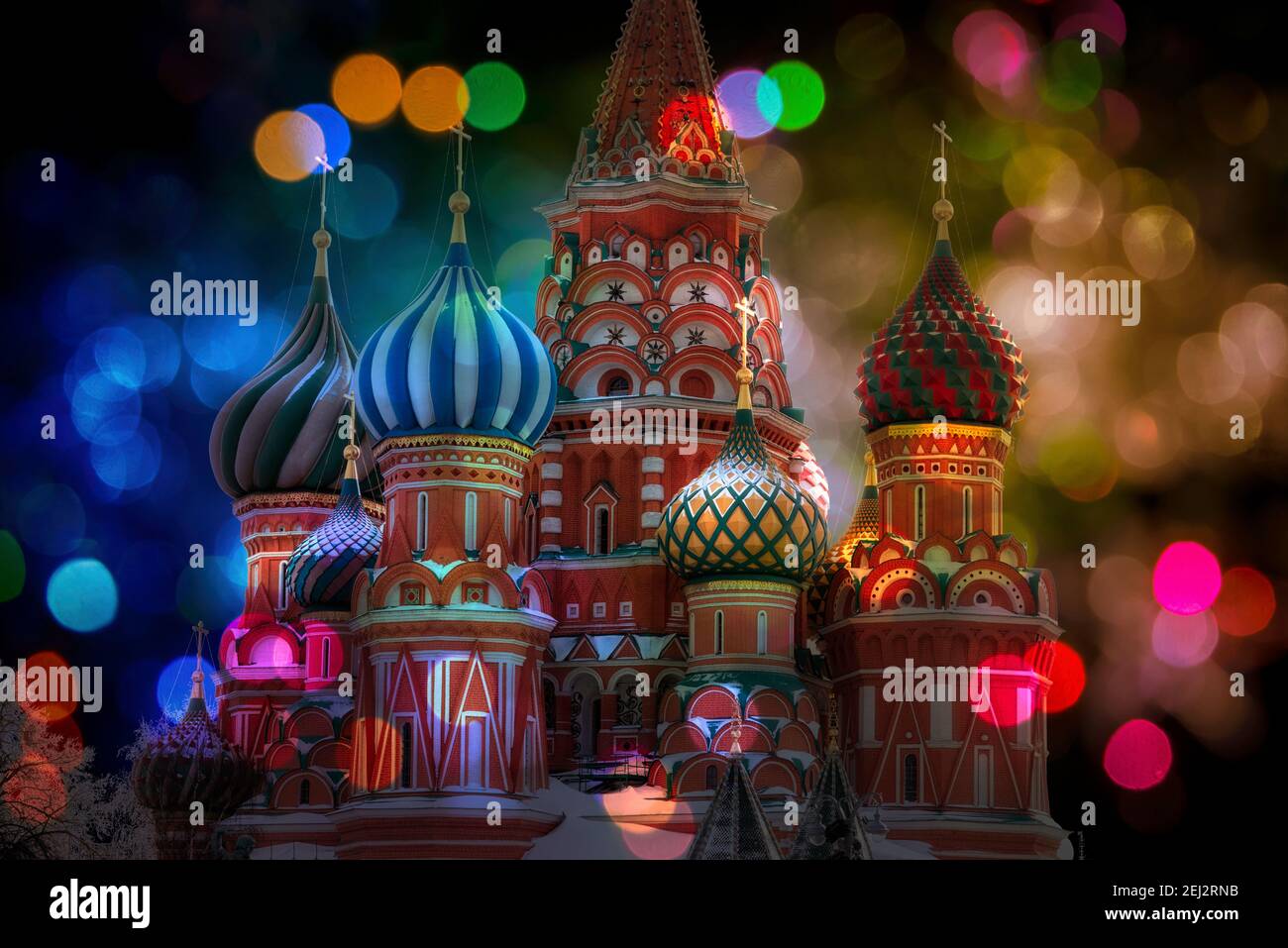 Night St Basil's Cathedral at bokeh colorful lights. Stock Photo