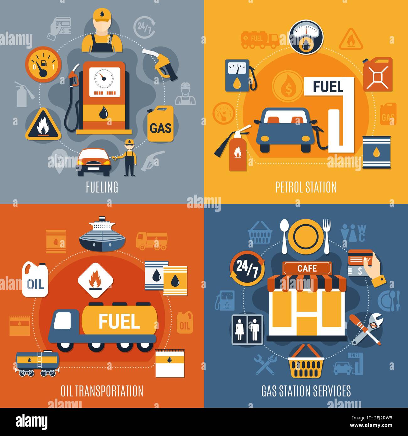 Four squares fuel pump concept set with fueling petrol station oil