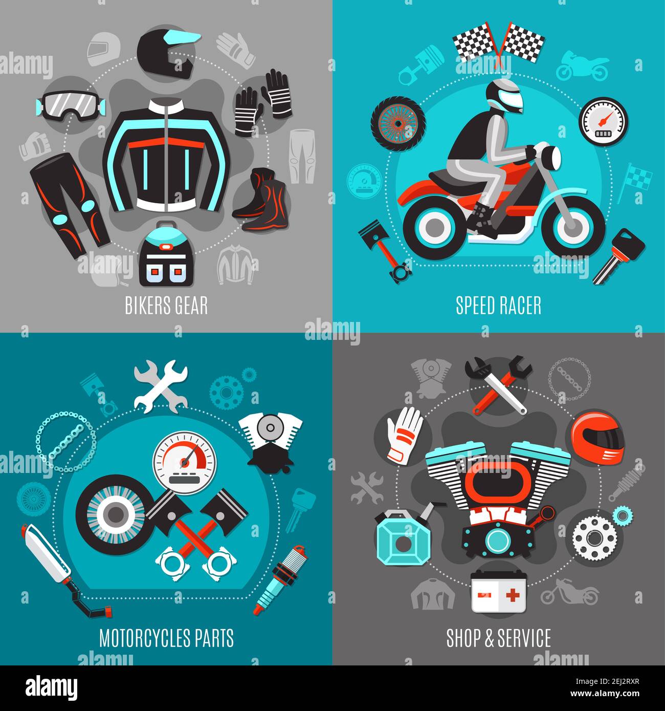 Motorcycle 2x2 design concept with bikers gear speed racer motorcycles  parts shop and service square compositions flat vector illustration Stock  Vector Image & Art - Alamy