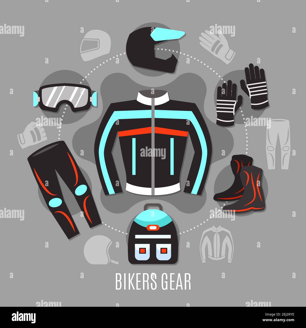 Motorcycle gear flat concept with set of biker clothes and accessories icons  in circle design vector illustration Stock Vector Image & Art - Alamy