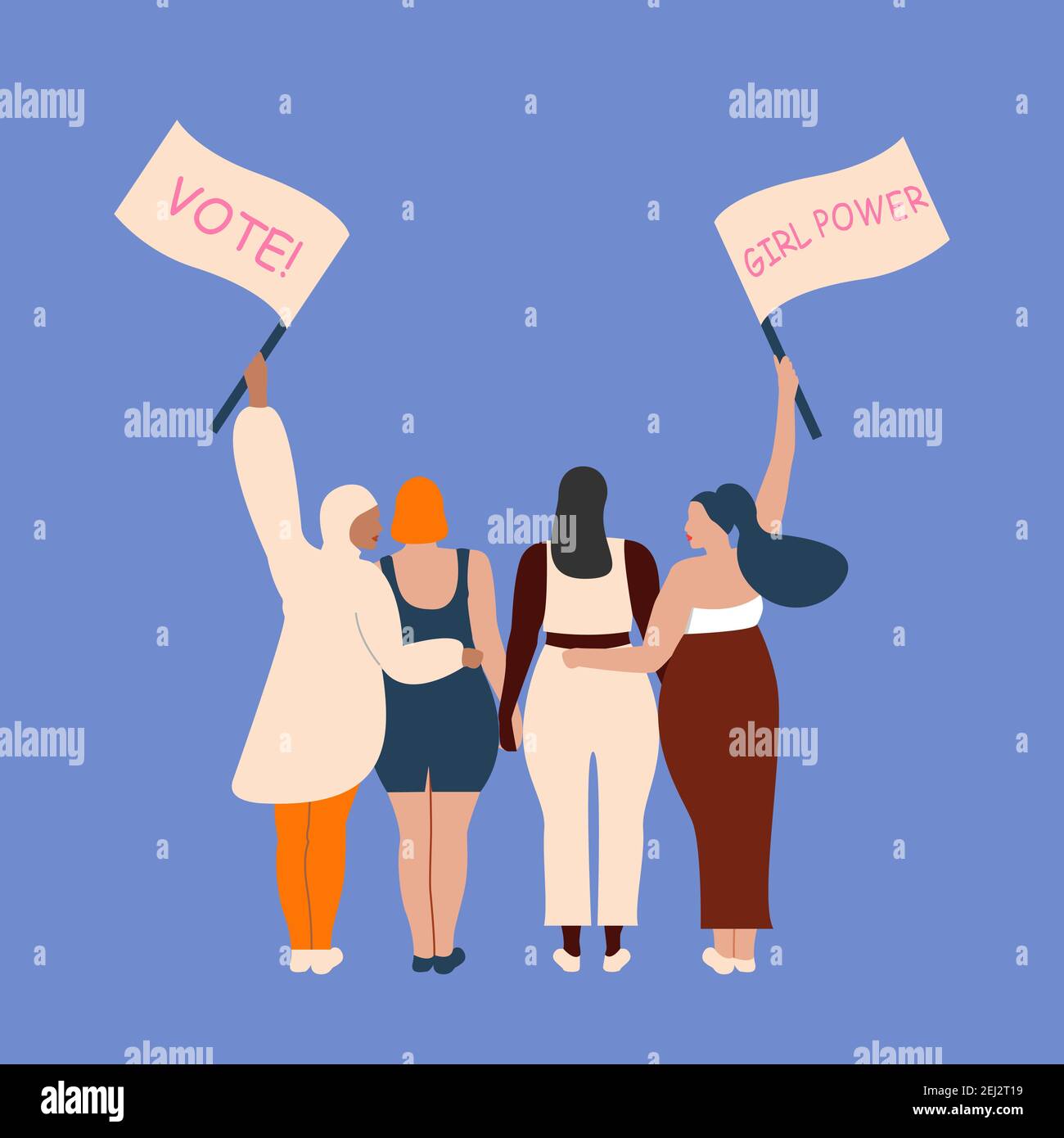 International womens day. 8th march. Poster with different skin color women with a transponder. Vector illustration in flat style for greeting card Stock Vector