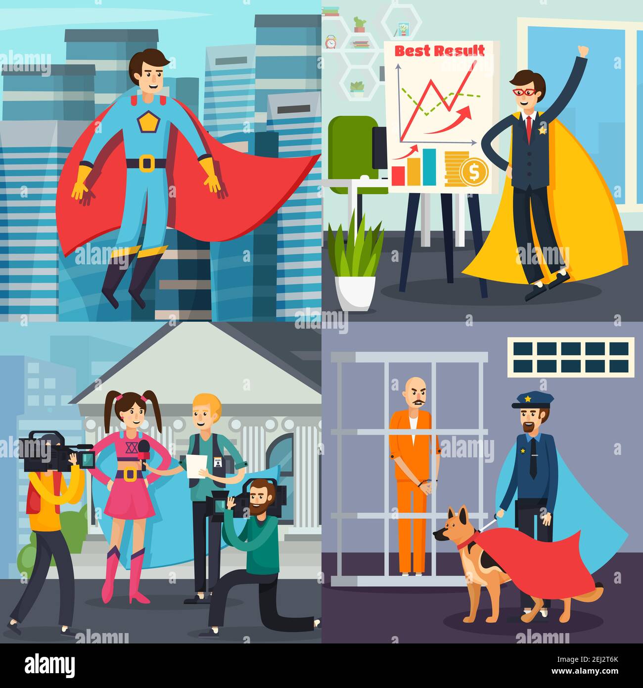 Superhero orthogonal concept with man in costume on city background, business person, policeman, actress isolated vector illustration Stock Vector