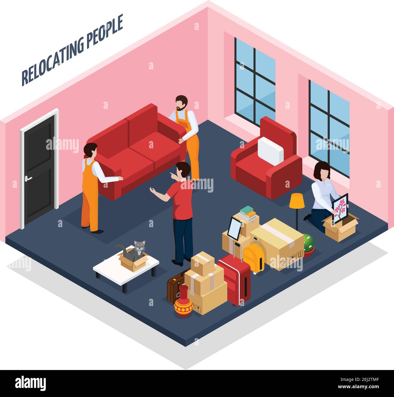 Relocating people isometric composition with loaders carrying sofa from apartment, stacked home stuffs in boxes vector illustration Stock Vector