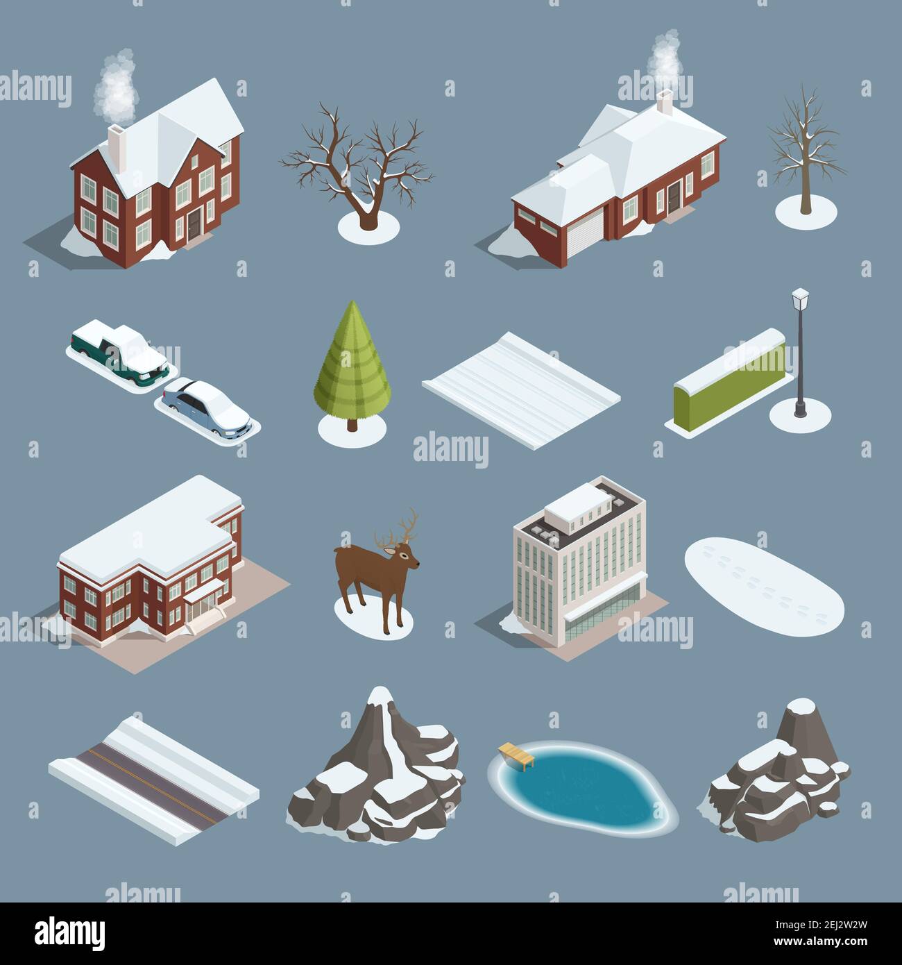 Winter landscape isometric elements set with buildings trees deer rocks mountains pond lake vehicles isolated vector illustration Stock Vector