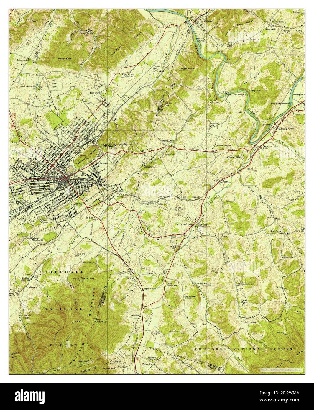 Johnson City, Tennessee, map 1940, 1:24000, United States of America by Timeless Maps, data U.S. Geological Survey Stock Photo