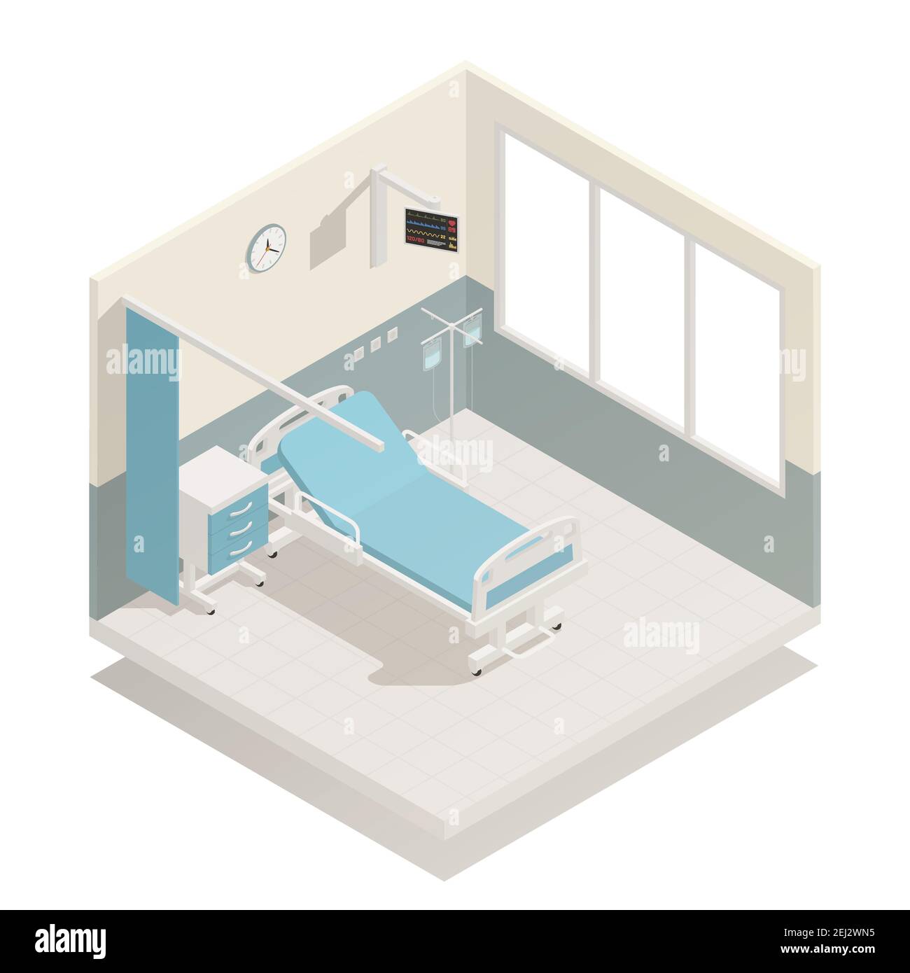 Hospital ward with medical equipment furniture isometric composition
