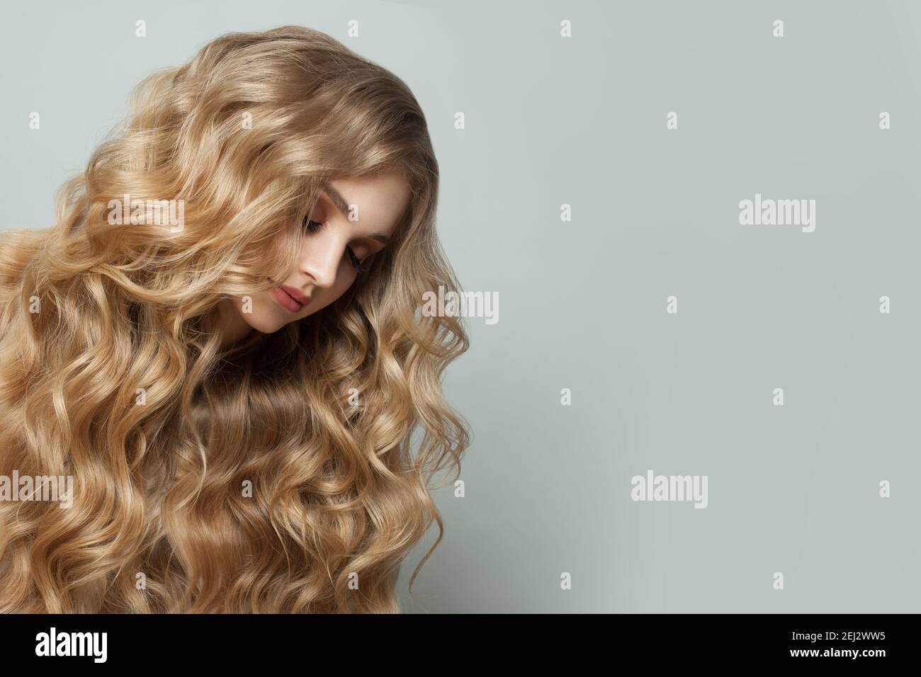 Blond hair woman on white banner background Stock Photo