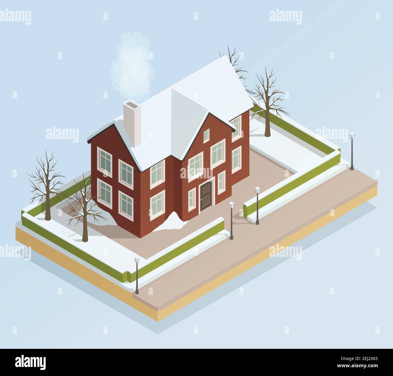 Freezy winter landscape with free standing town house with some land isometric elements composition vector illustration Stock Vector