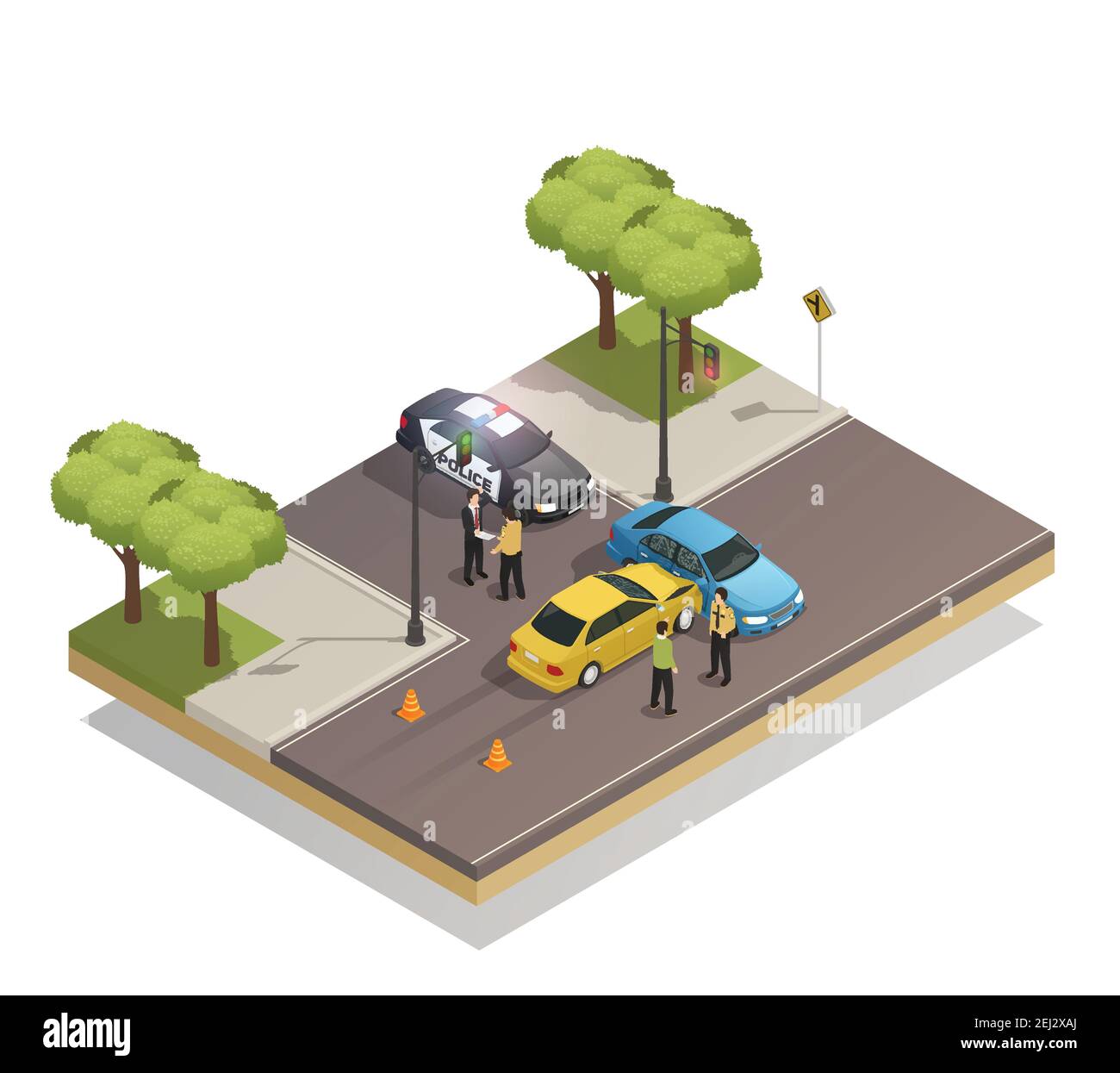 Road collision at intersection isometric composition with cars involved