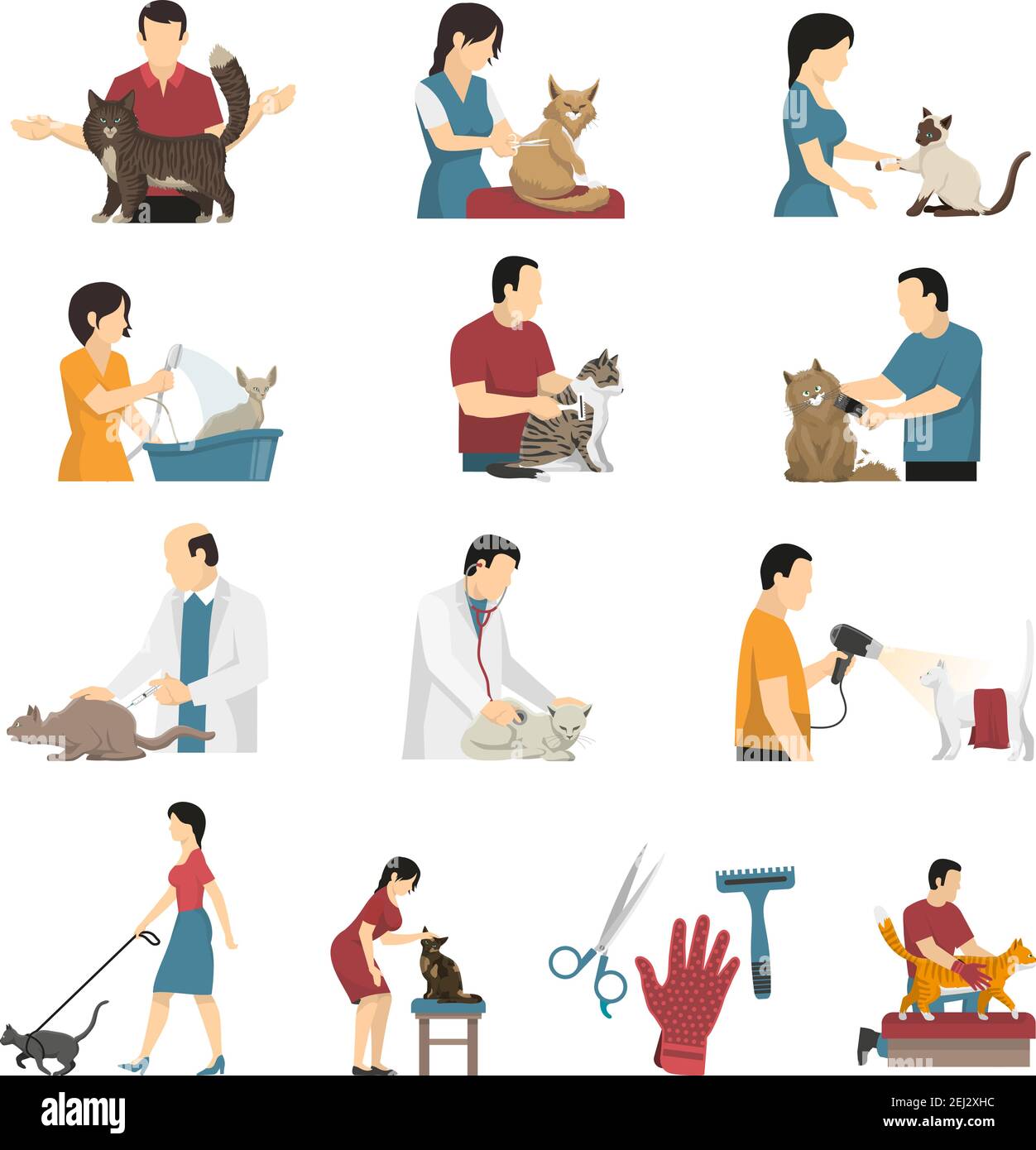 Grooming service vet cat set of flat isolated icons human characters