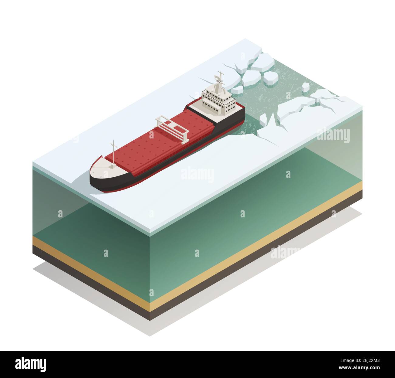 Icebreaker ship afloat breaking ice with thick water layer beneath vessel isometric model composition vector illustration Stock Vector