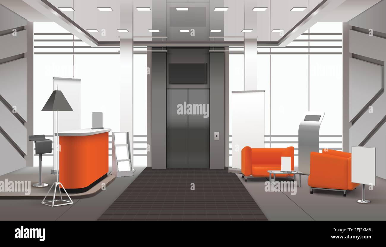 Realistic lobby interior in orange grey color with reception desk, waiting area near lift, banners vector illustration Stock Vector