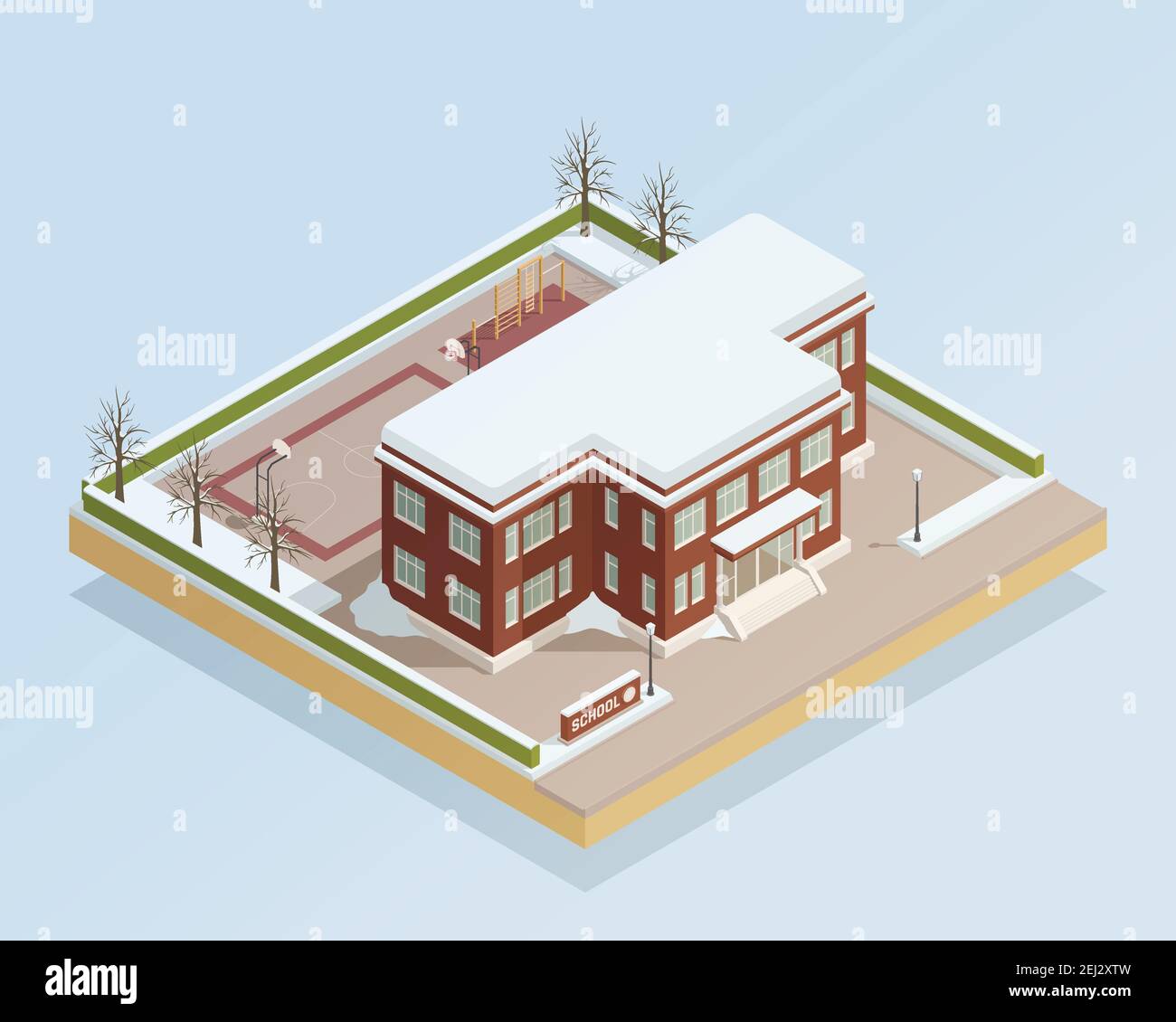 Winter landscape with college high school building with adjacent with adjacent sports areas isometric composition vector illustration Stock Vector