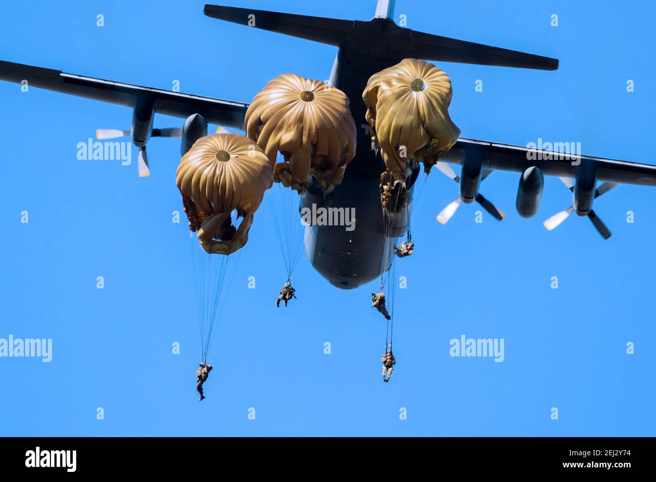 Military parachutist paratroopers parachute jumping out of a air force