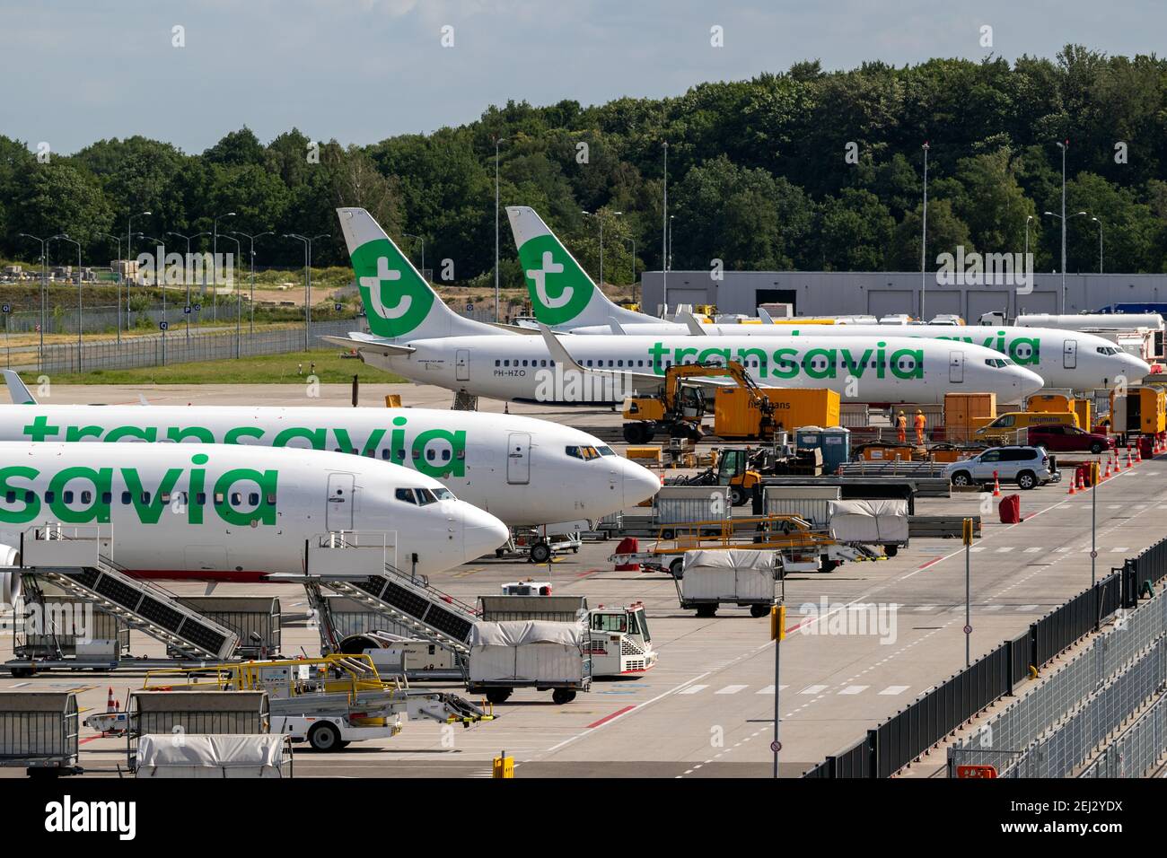 Transavia low-cost airline passenger planes on the tarmac of Eindhoven Airport. The Netherlands - October 12, 2019 Stock Photo