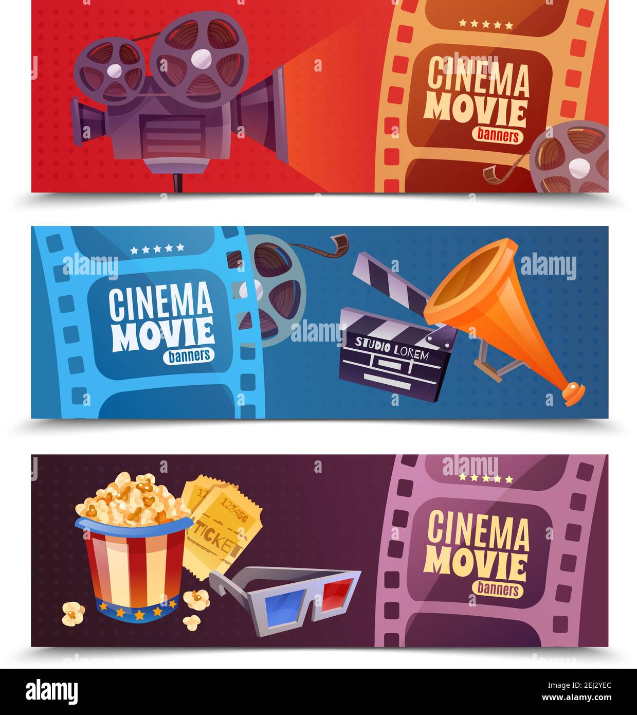 Clapper Banner Cinema set of horizontal banners with camera, megaphone and clapper ...