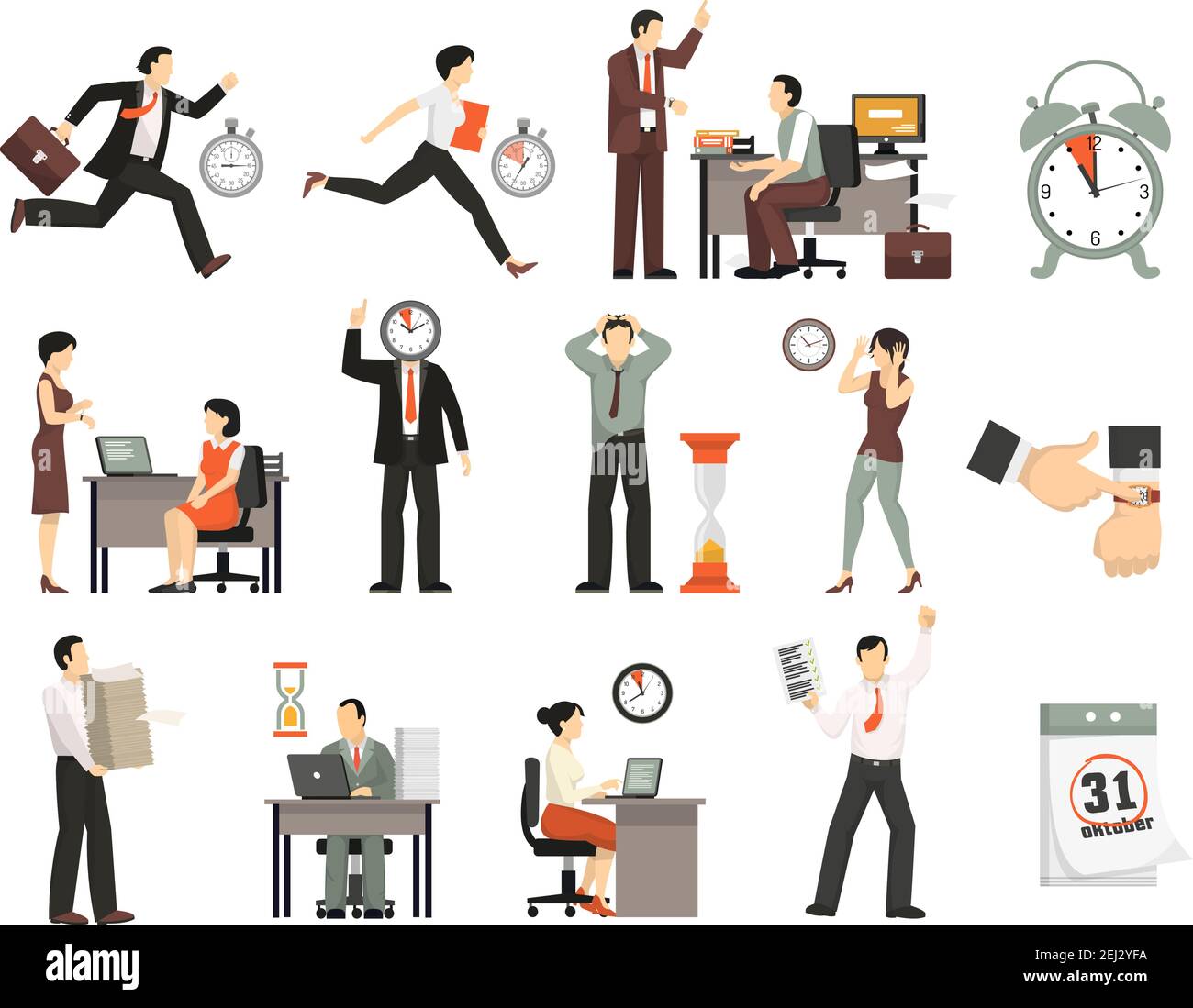 Deadline time limit set with isolated office icons and human characters of office workers in rush vector illustration Stock Vector