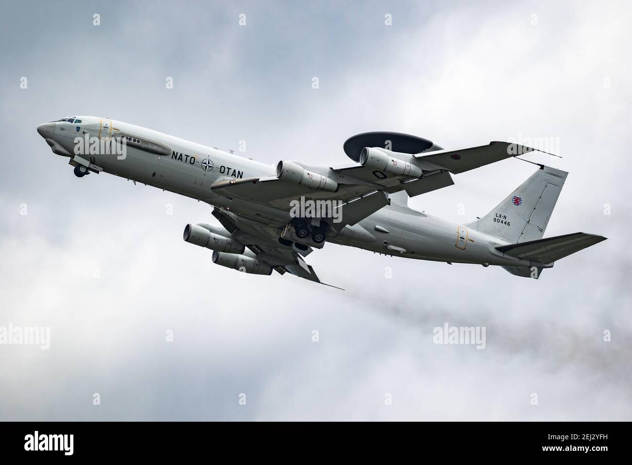 NATO Boeing E-3 Sentry AWACS radar plane performing a low-pass at the Eindhoven Airbase.  The Netherlands - July 3, 2020 Stock Photo