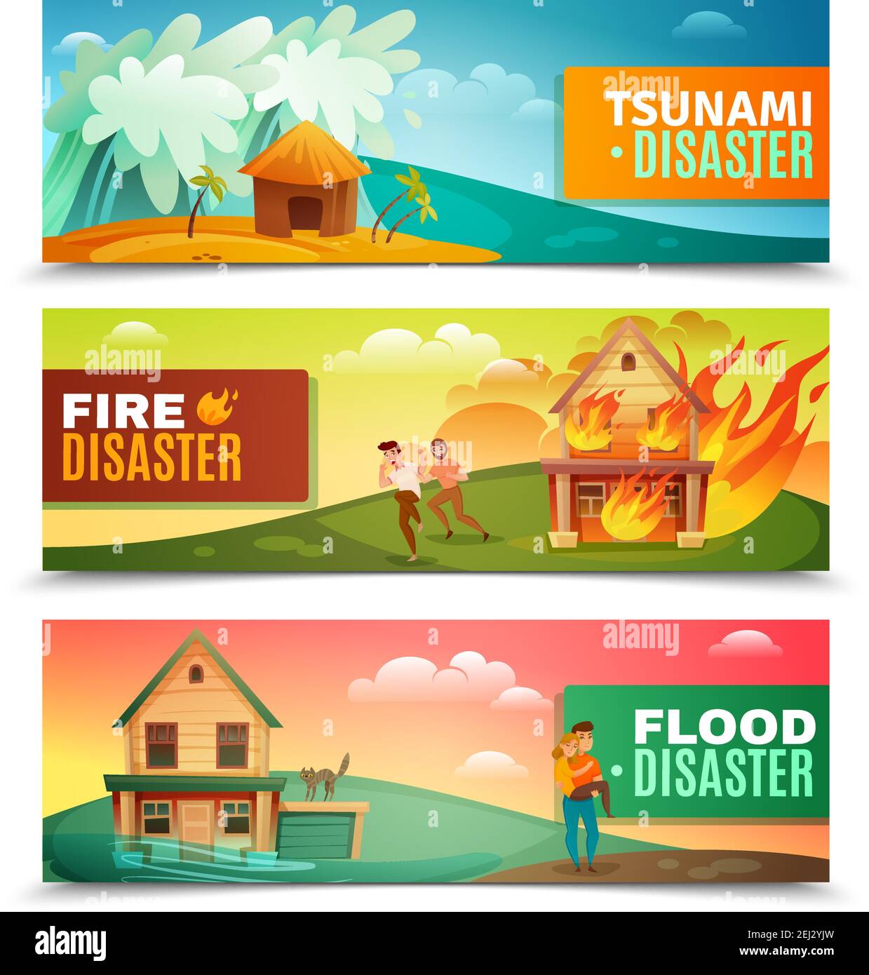 Natural disasters set of horizontal banners with tsunami, burning house, rescue during flood isolated vector illustration Stock Vector