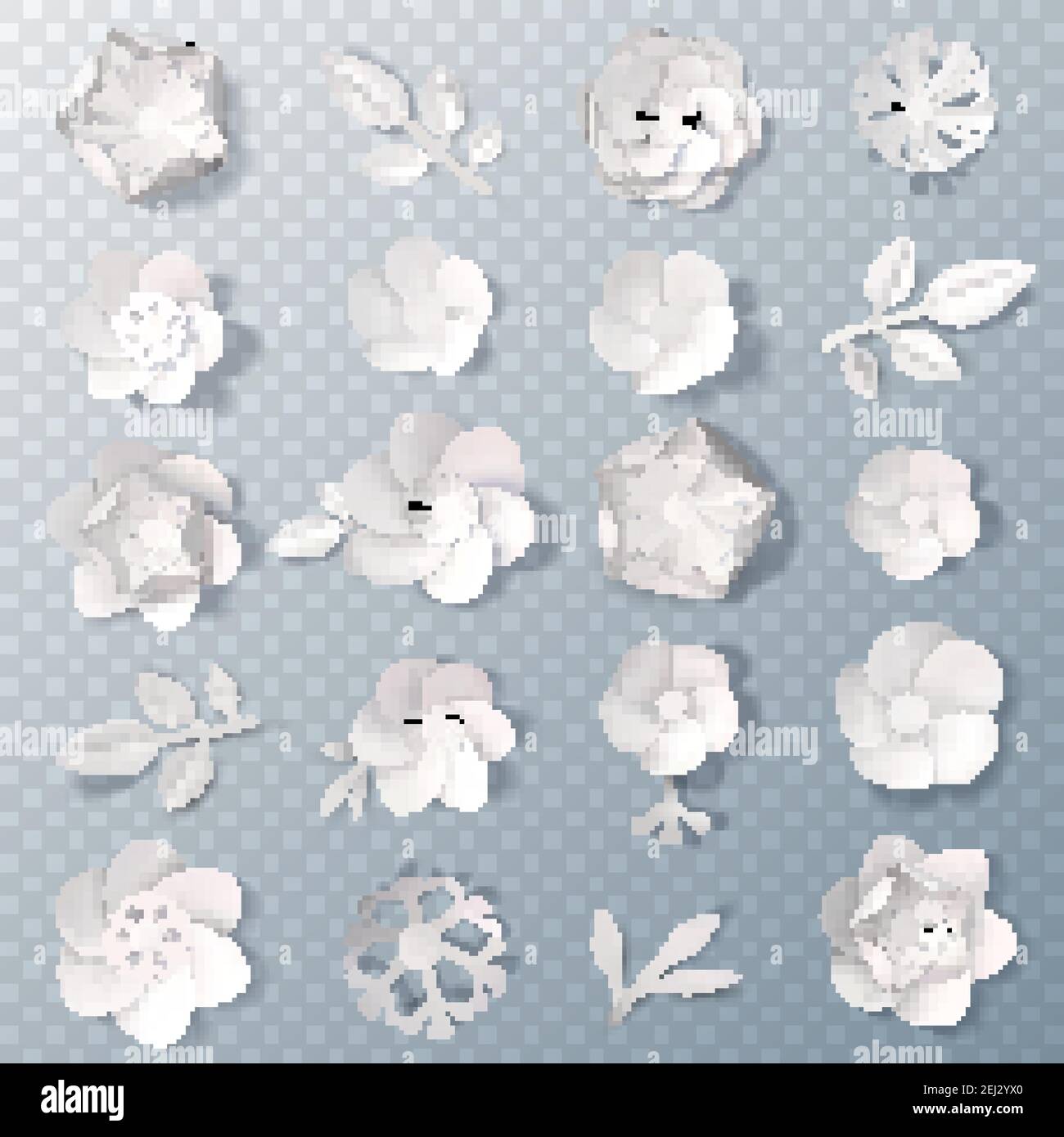 Set of realistic delicate white paper flowers and leaves isolated on ...
