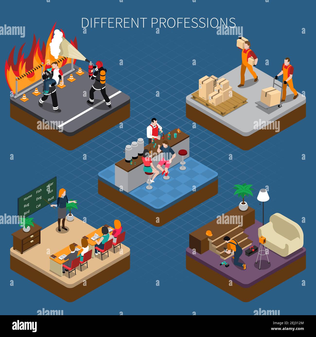 Professions uniform isometric people composition with views of ...