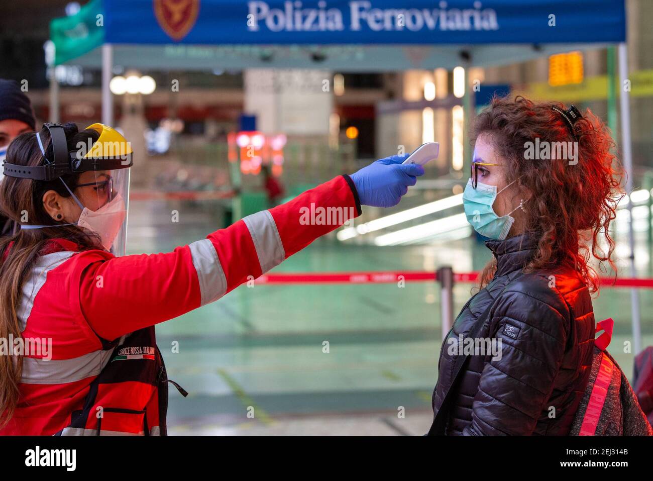 Reportage, Italy. 13th Mar, 2021. 3/13/2021 - Milan, Coronavirus Covid 19 emergency, temperature checks and detection in Central station (Milan - 2020-03-25, Massimo Alberico) ps the photo can be used in compliance with the context in which it was taken, and without the defamatory intent of the decoration of the people represented Editorial Usage Only (Photo by IPA/Sipa USA) Credit: Sipa USA/Alamy Live News Stock Photo
