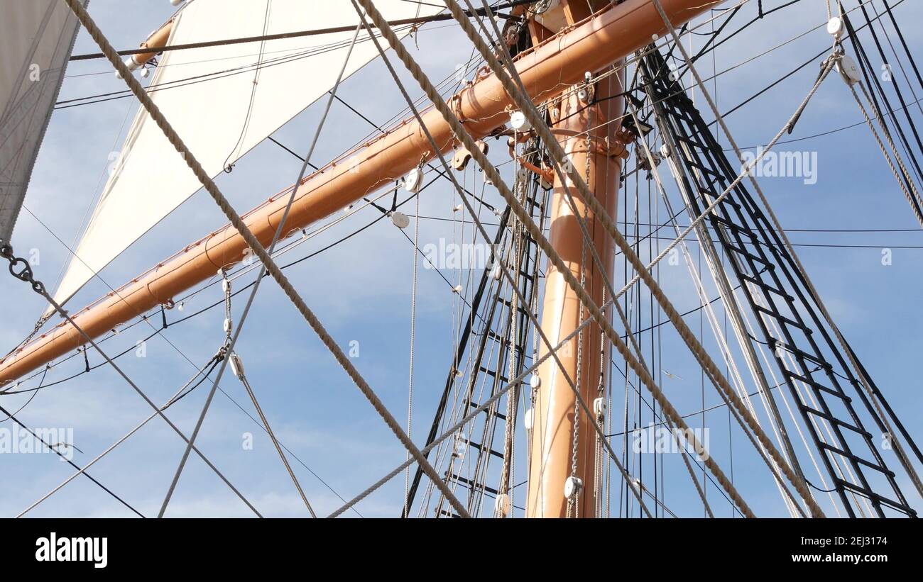 SAN DIEGO, CALIFORNIA USA - 30 JAN 2020: Retro sailing ship Star of India, full rigged wooden masts of Maritime Museum. Historic British frigate with Stock Photo