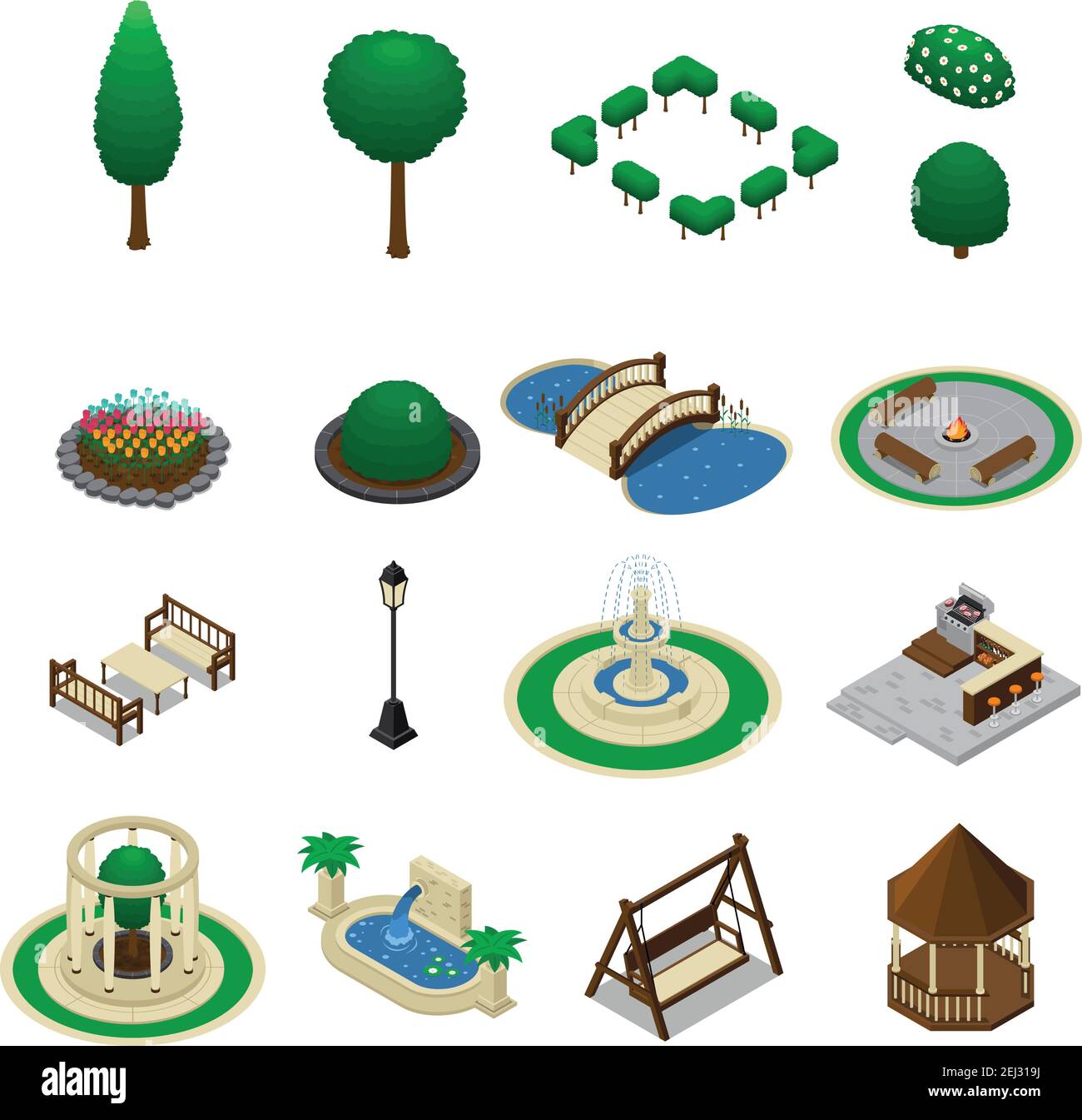 Isometric landscape design constructor elements collection of isolated garden park elements trees benches and shelter shed vector illustration Stock Vector