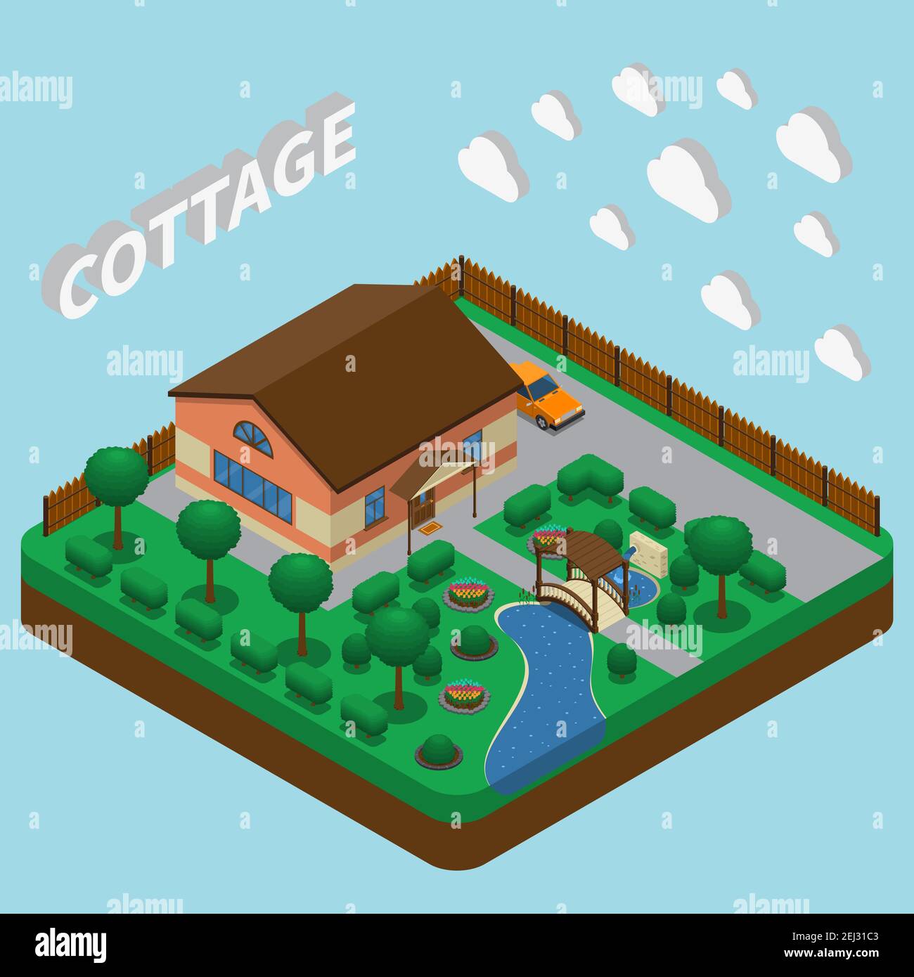 Isometric house composition with 3d text and images of clouds cottage with fenced adjacent territory vector illustration Stock Vector