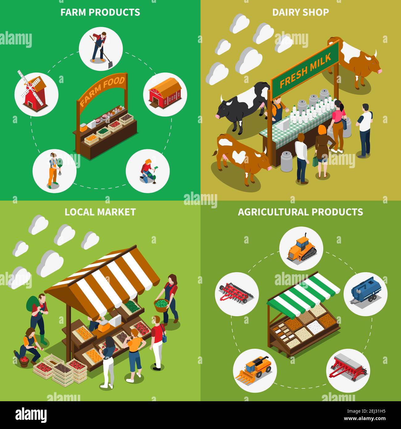 Farm local market isometric 2x2 composition with compositions of human ...